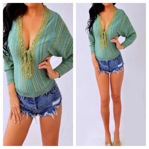 Arden B Teal Striped V-Neck Blouse